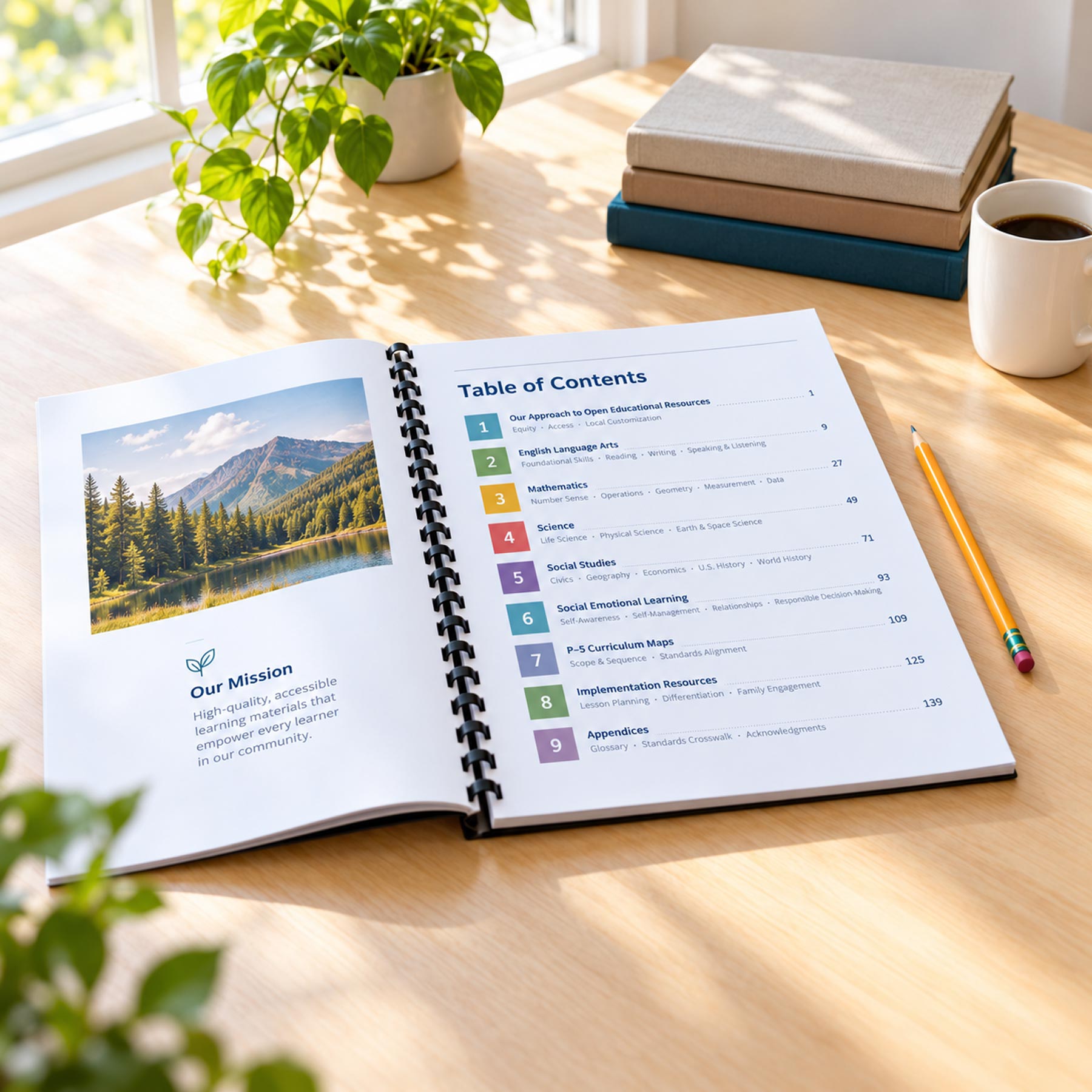 A comb-bound workbook with a clean table of contents page open, a pencil beside it