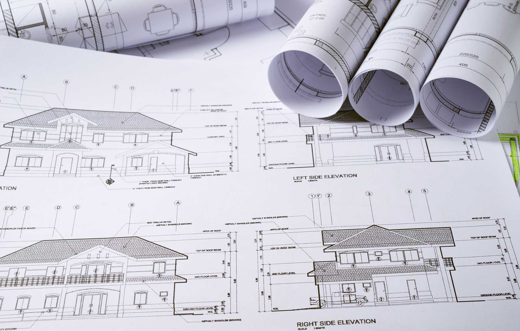 Printed architectural drawings of a home design