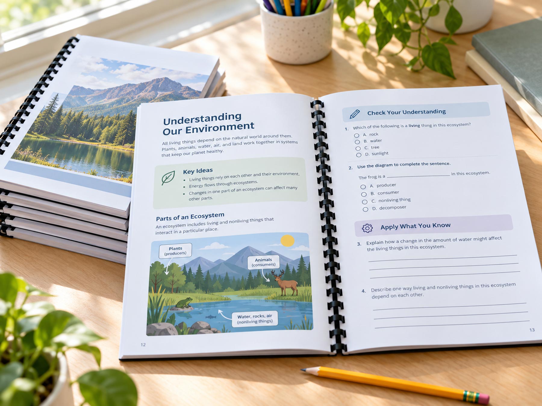 A comb-bound environmental science workbook, a pencil beside it